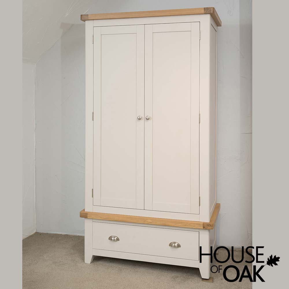 Tuscany Oak Double Wardrobe with Drawer in Stone White Painted