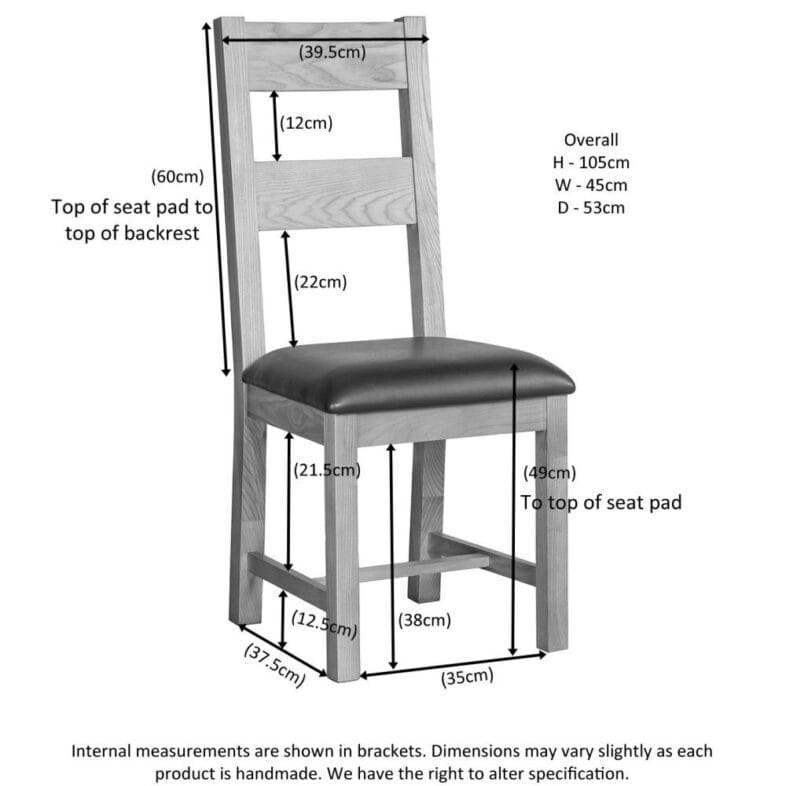 Canterbury Oak Ladderback Chair with Faux Leather Seat Pad dimensions
