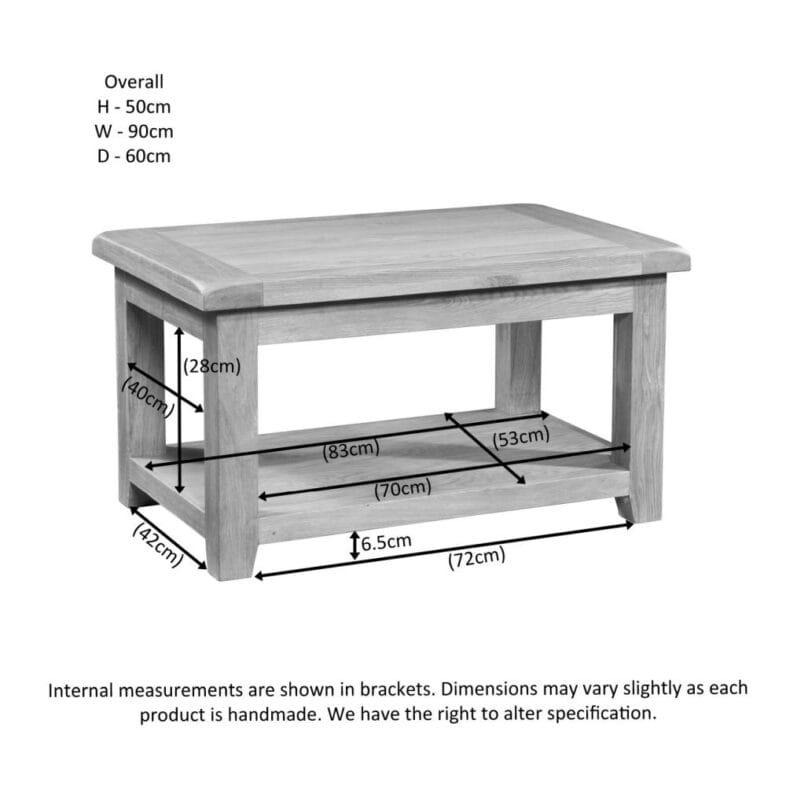 Canterbury Oak Rectangular Coffee Table with Shelf dimensions