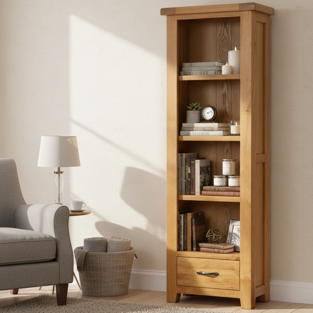 Canterbury Oak Tall Narrow Bookcase lifestyle