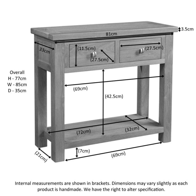Keswick Rustic Oak 2 Drawer Console Table dimensions