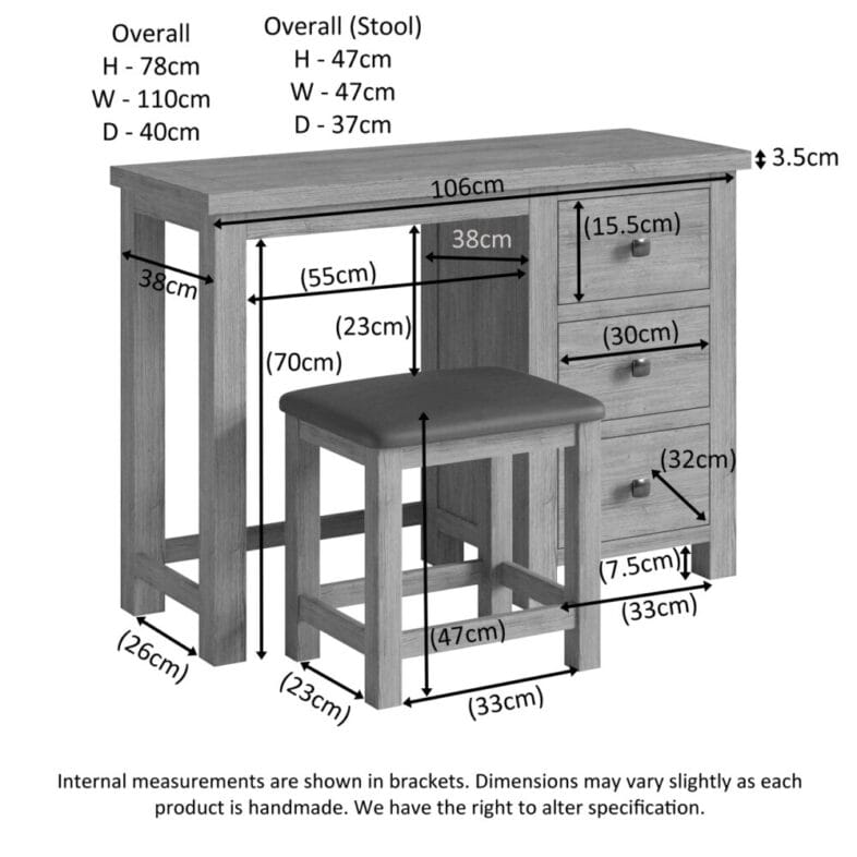 Single Pedestal Dressing Table + Stool Dimensions