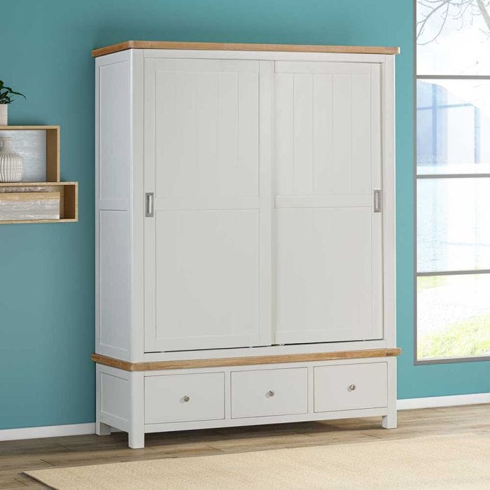 Carrington Oak Sliding Doors Large Wardrobe With 3 Drawers Painted in Off White