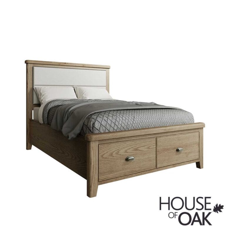 Chatsworth Oak Double Bed With Fabric Headboard and 2-Drawer Footboard - Image 2