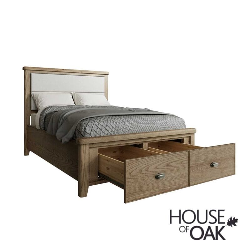Chatsworth Oak Double Bed With Fabric Headboard and 2-Drawer Footboard - Image 3