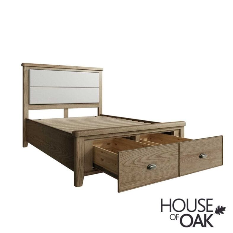 Chatsworth Oak Double Bed With Fabric Headboard and 2-Drawer Footboard - Image 4