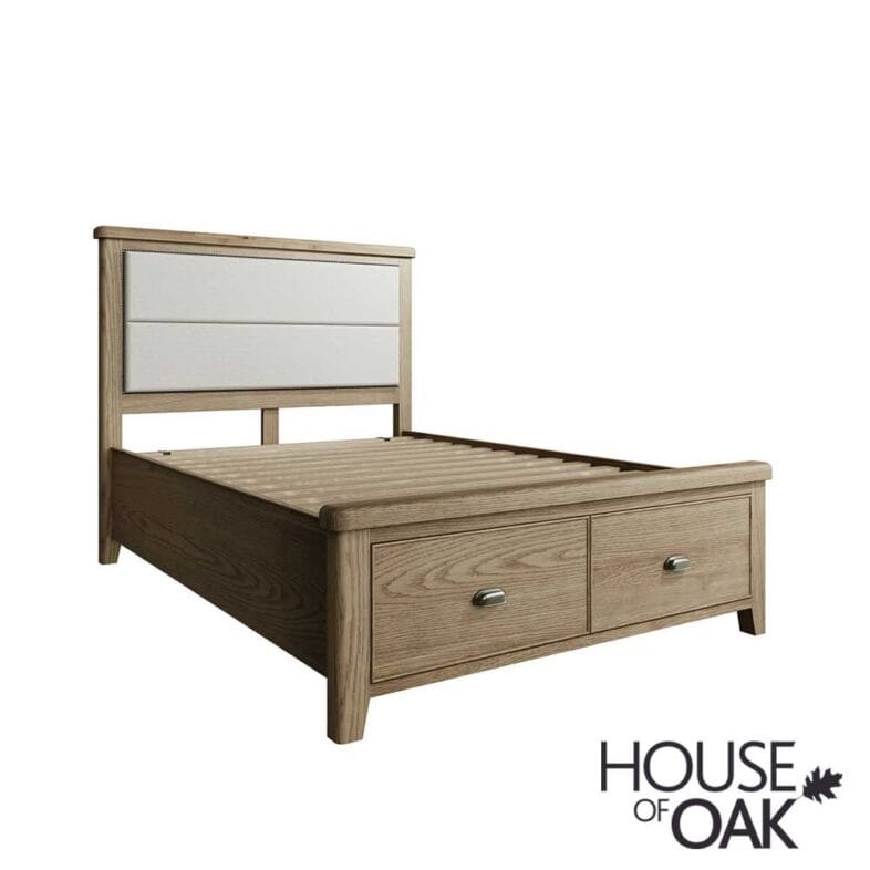 Chatsworth Oak Double Bed With Fabric Headboard and 2-Drawer Footboard - Image 5