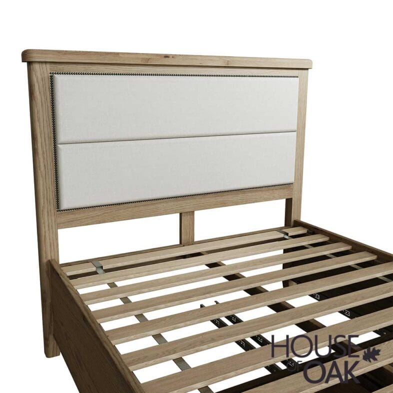 Chatsworth Oak Double Bed With Fabric Headboard and 2-Drawer Footboard - Image 8