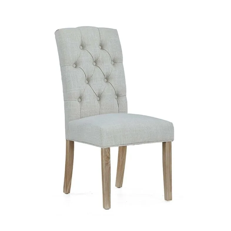 Button Back Upholstered Chair in Beige with White Wash Leg