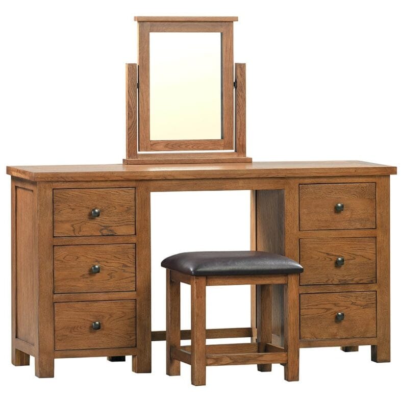 Keswick Rustic Oak Double Pedestal Dressing Table with Stool and Mirror