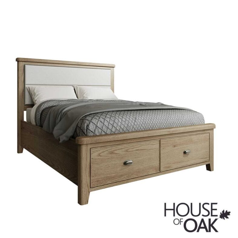 Chatsworth Oak King Size Bed With Fabric Headboard and 2-Drawer Footboard - Image 3