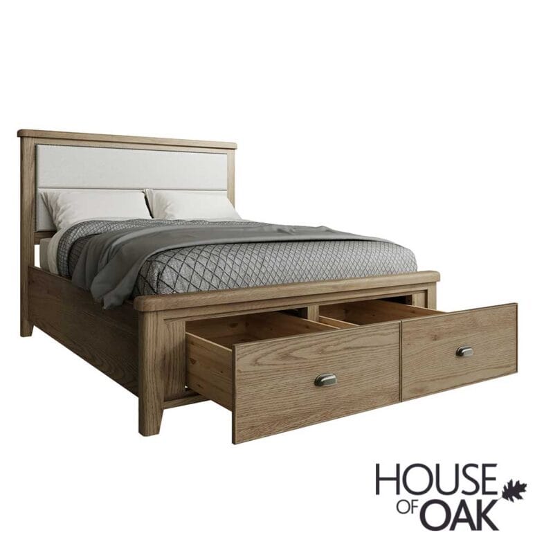 Chatsworth Oak King Size Bed With Fabric Headboard and 2-Drawer Footboard - Image 4