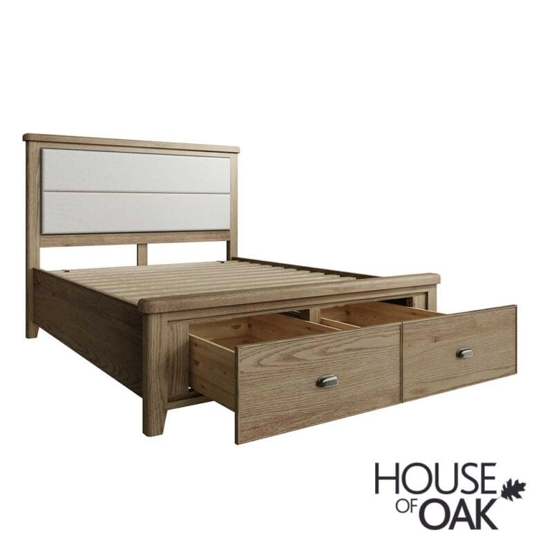 Chatsworth Oak King Size Bed With Fabric Headboard and 2-Drawer Footboard - Image 5