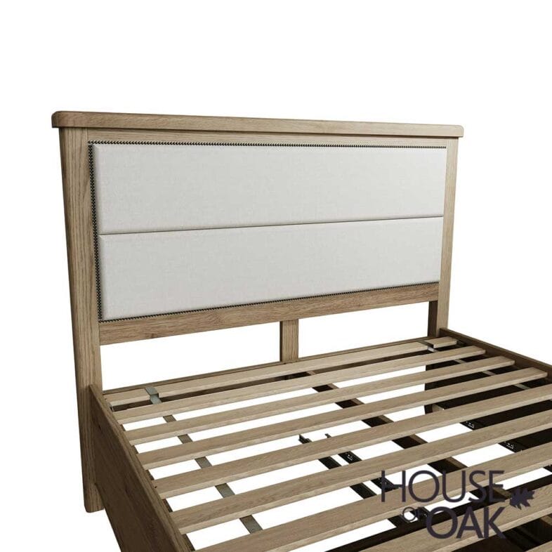 Chatsworth Oak King Size Bed With Fabric Headboard and 2-Drawer Footboard - Image 8