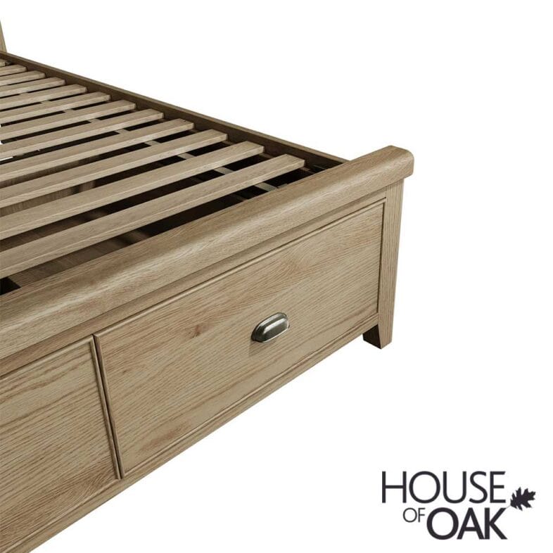 Chatsworth Oak King Size Bed With Fabric Headboard and 2-Drawer Footboard - Image 10