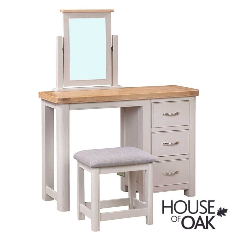 Kensington Putty Grey Painted Oak Dressing Table Set Including Mirror and Stool - Image 2