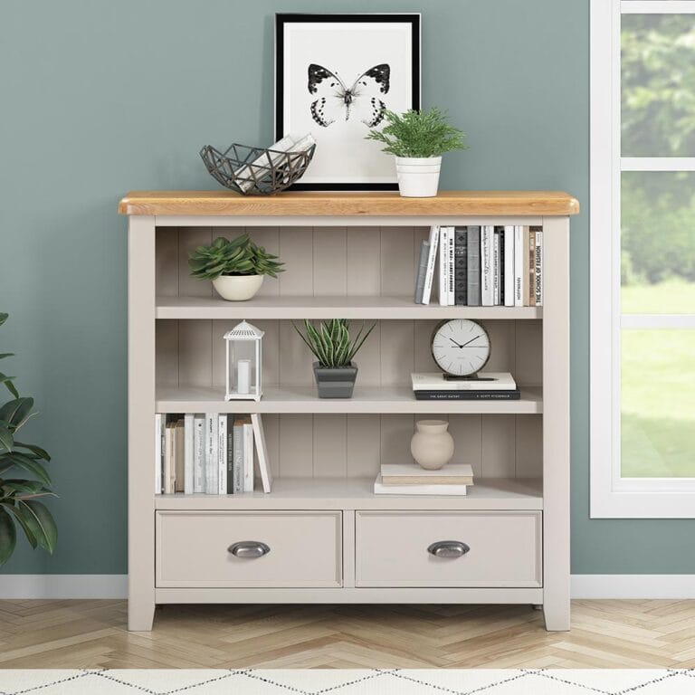 Knightsbridge Oak Low Wide Bookcase in Grey Painted