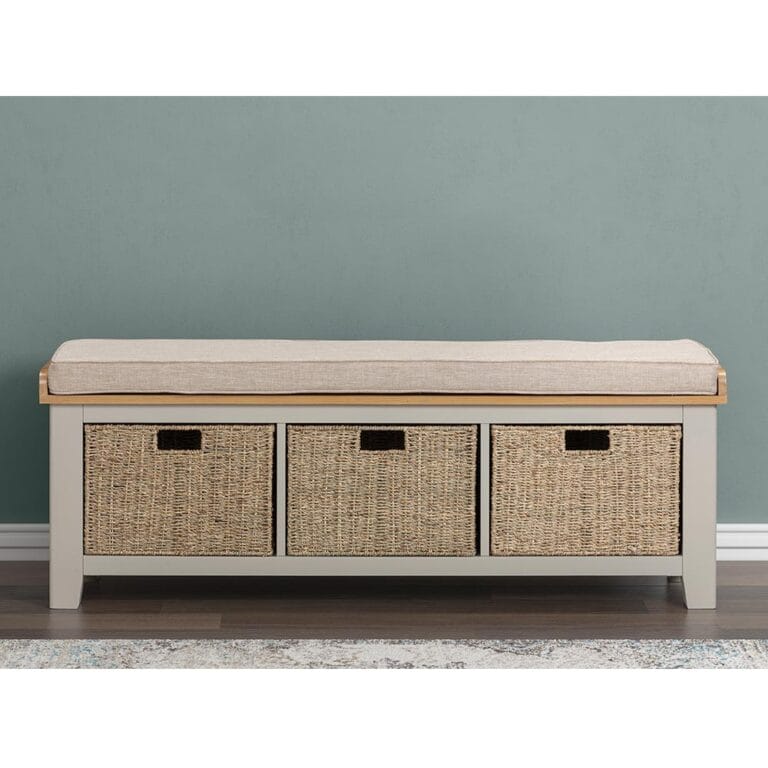Knightsbridge Oak Hall Bench with Baskets in Grey Painted