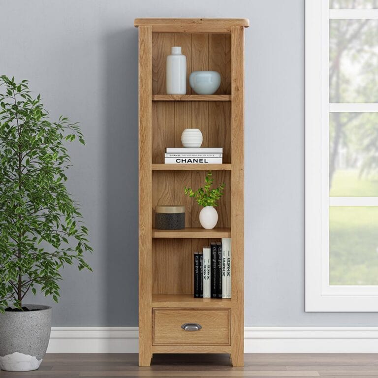 Knightsbridge Oak Tall Slim Bookcase with Bottom Drawer