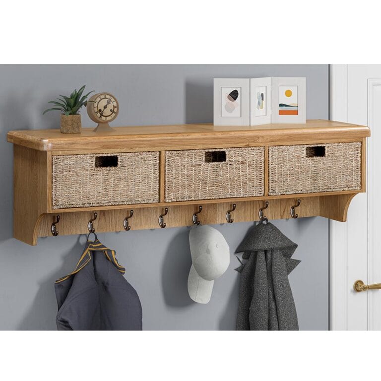 Knightsbridge Oak Wall Shelf With Hooks & Baskets