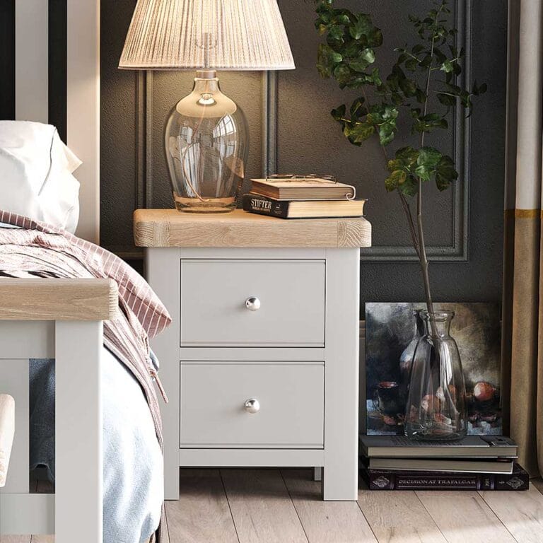 London Oak 2 Drawer Bedside Cabinet In Grey Painted