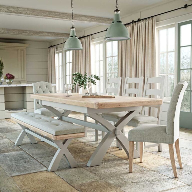 London Oak 200cm Extending to 245cm Cross Leg Extending Dining Table In Grey Painted