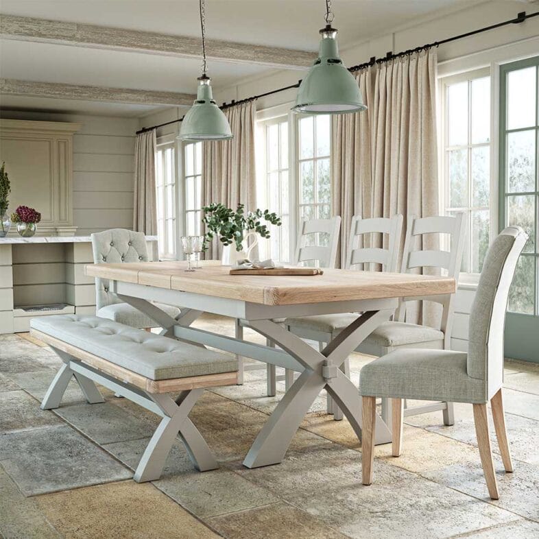 London Oak 200cm Extending to 245cm Cross Leg Extending Dining Table In Grey Painted