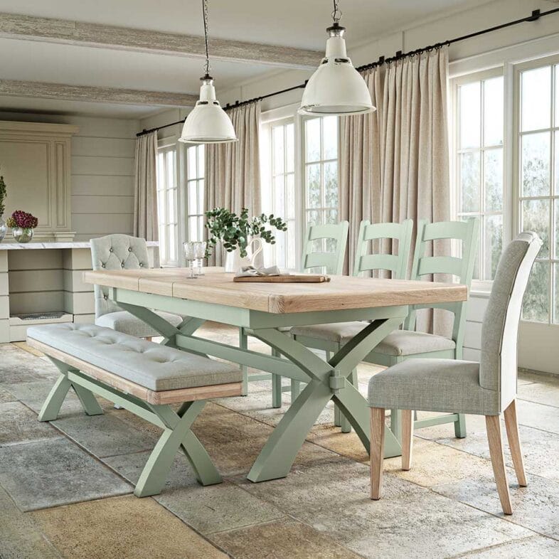 London Oak 200cm Extending to 245cm Cross Leg Extending Dining Table In Sage Painted