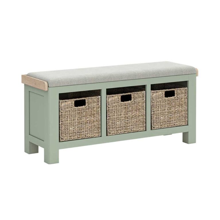 London Oak Storage Bench In Sage Painted With Choice of 3 Cushions