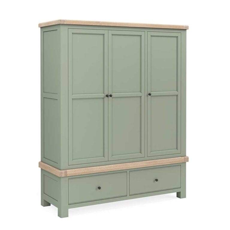 London Oak Triple Wardrobe with 2 Drawers In Sage Painted