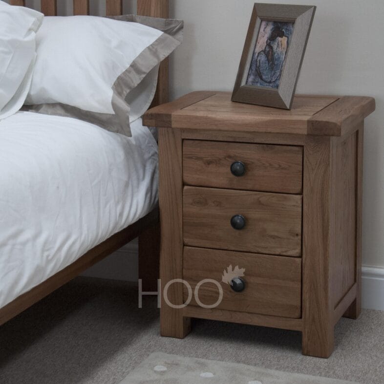 Rustic Solid Oak 3 Drawer Bedside