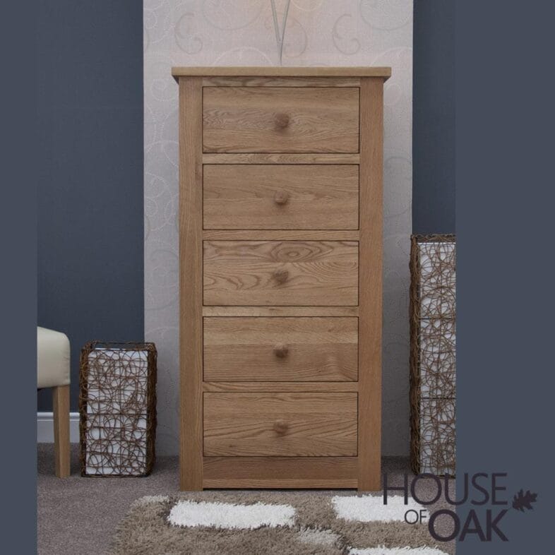 Torino Solid Oak 5 Drawer Narrow Chest