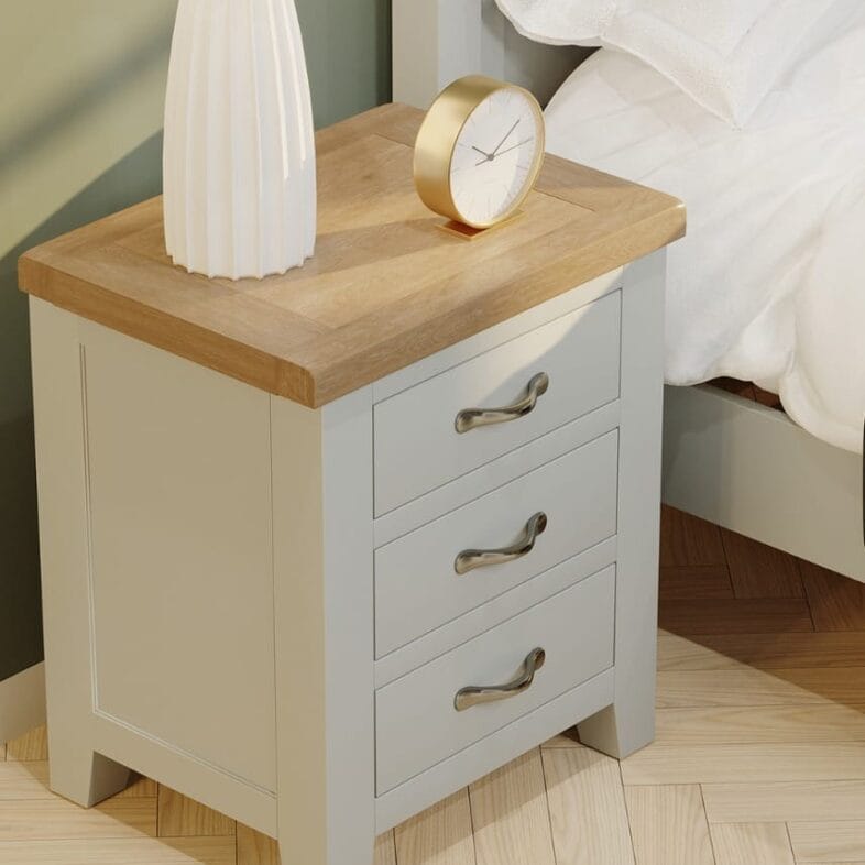 Buttermere Oak 3 Drawer Bedside Painted in Moon Grey