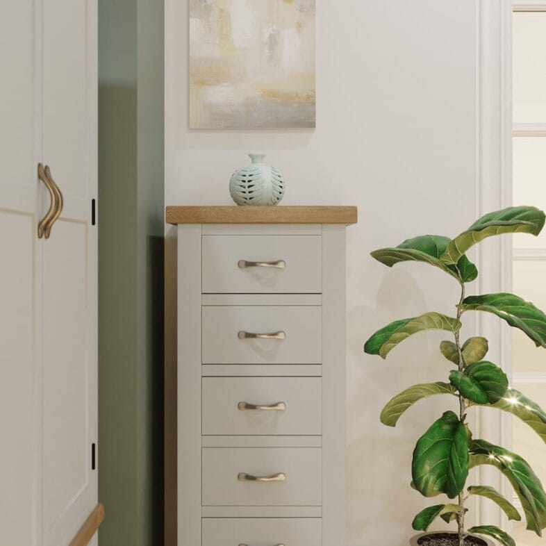 Buttermere Oak 5 Drawer Narrow Chest Painted in Moon Grey