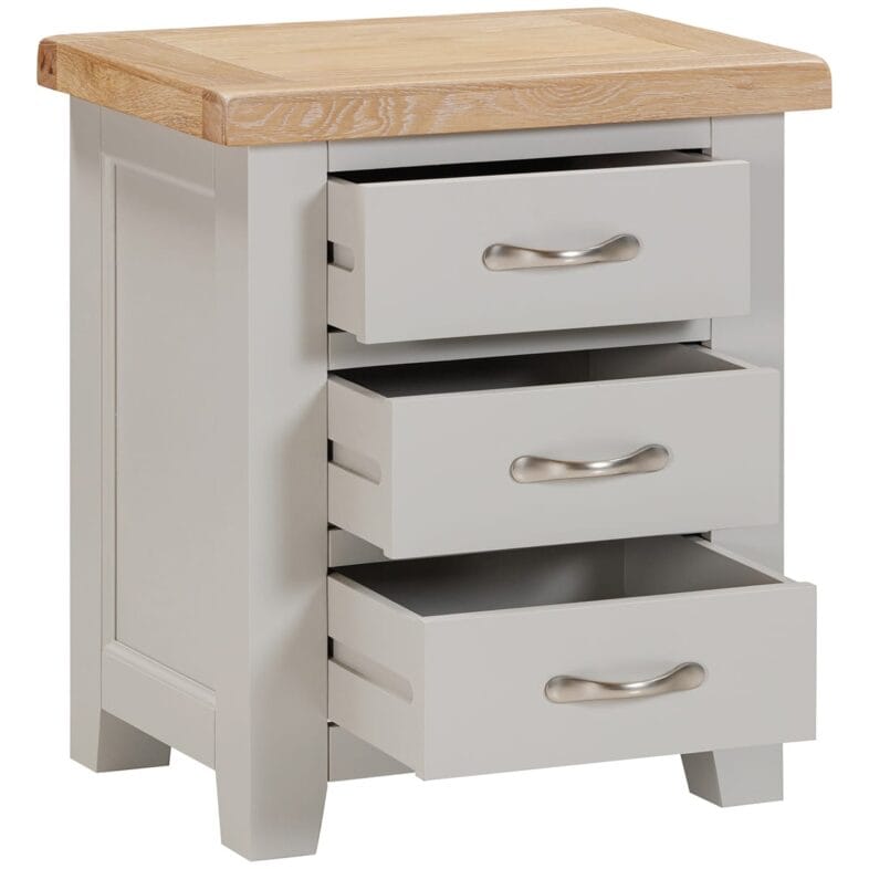 Buttermere Oak 3 Drawer Bedside Painted in Moon Grey - Image 3