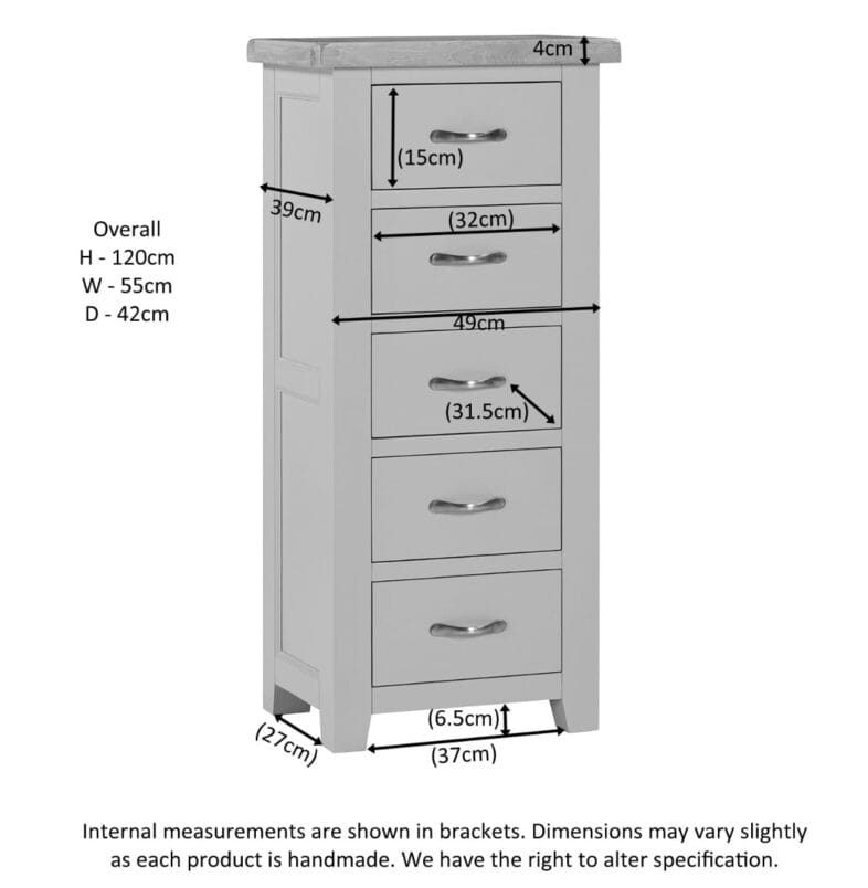 Buttermere Oak 5 Drawer Narrow Chest Painted in Moon Grey - Image 8