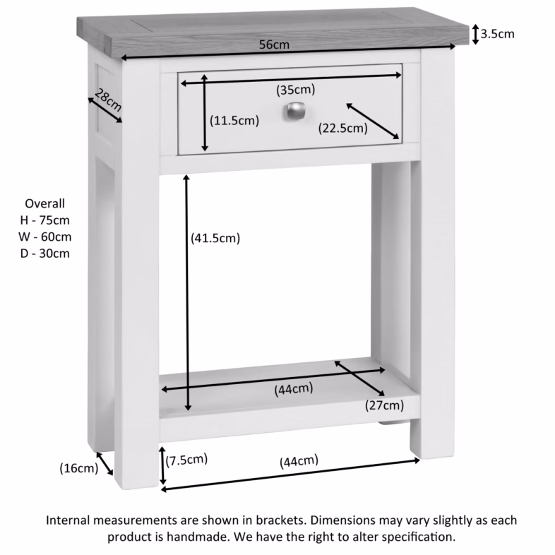 Keswick Ivory 1 Drawer Console Table dimensions