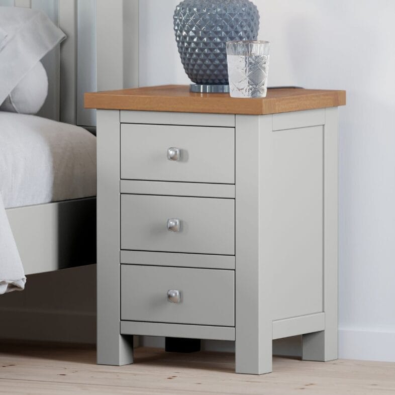 Keswick Moon Grey 3 Drawer Bedside Cabinet lifestyle