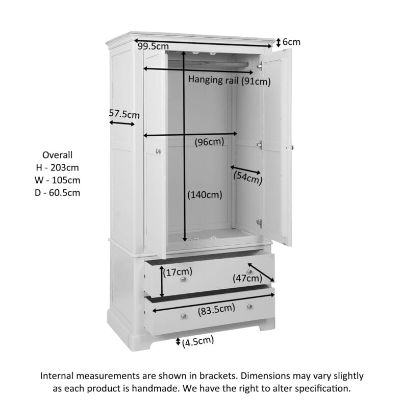 Cornwall Grey Mist 2 Drawer Gents Double Wardrobe - Image 6