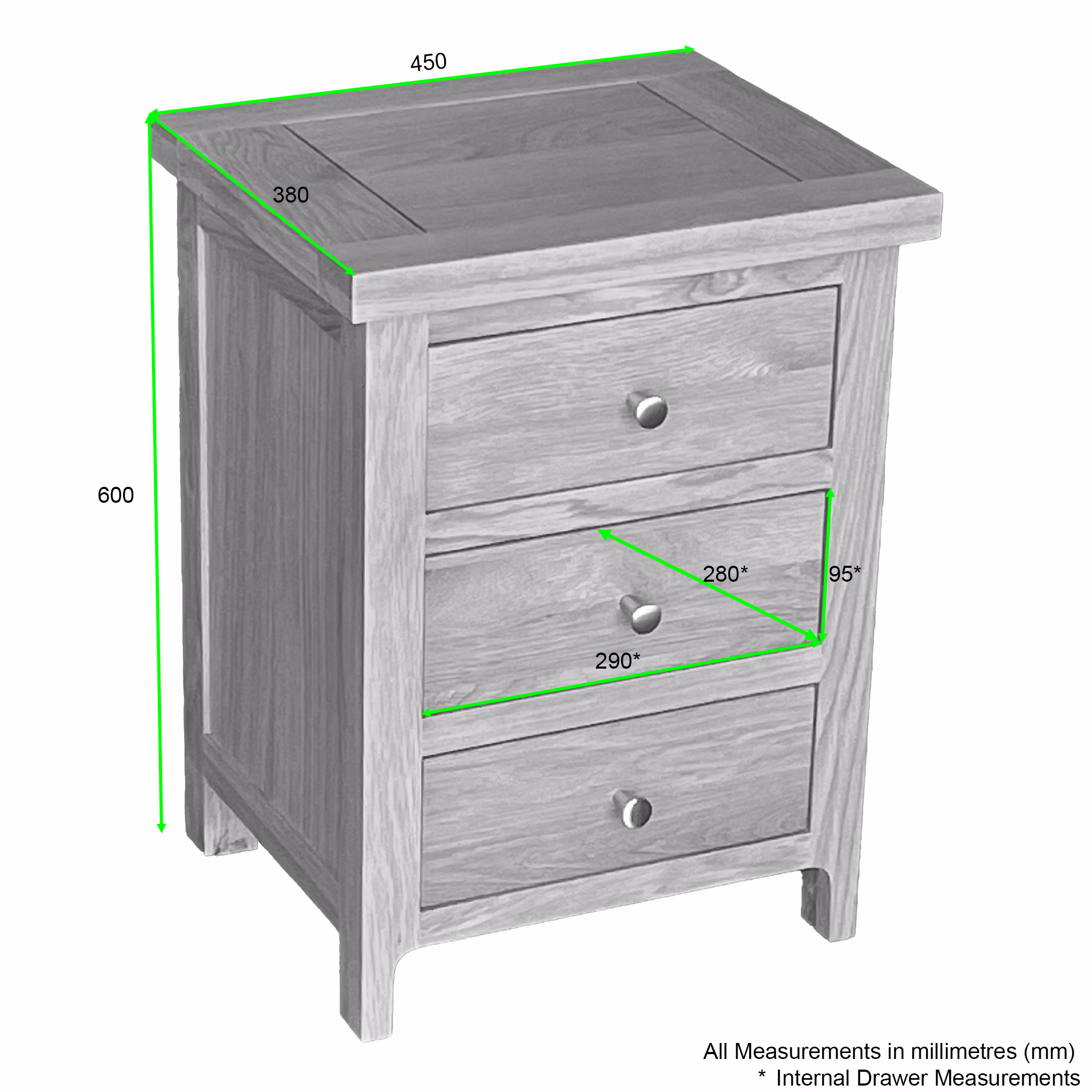 Cottage Oak 3 Drawer Bedside Cabinet - Image 3