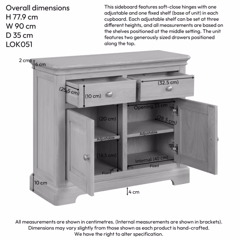 Cornwall Oak 2 Door 2 Drawer Sideboard Dimensions