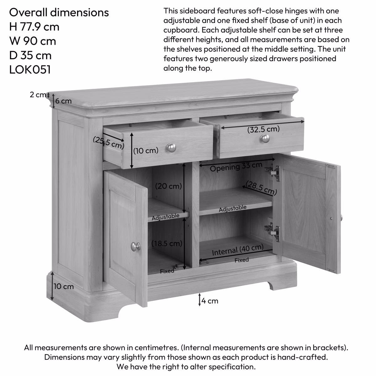 Cornwall Oak 2 Door 2 Drawer Sideboard Dimensions