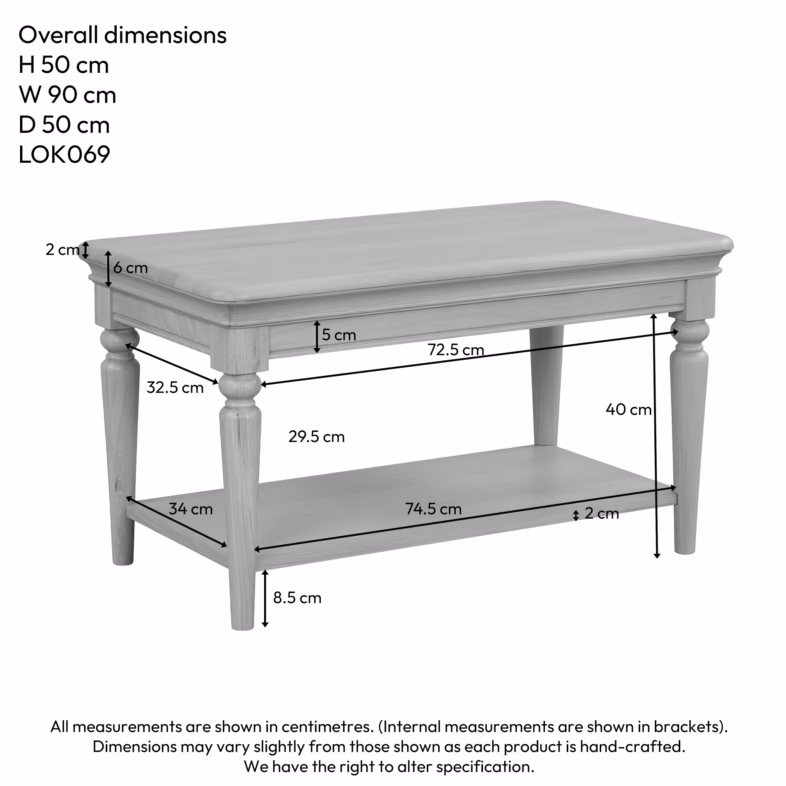 Cornwall Oak Coffee Table with Shelf dimensions