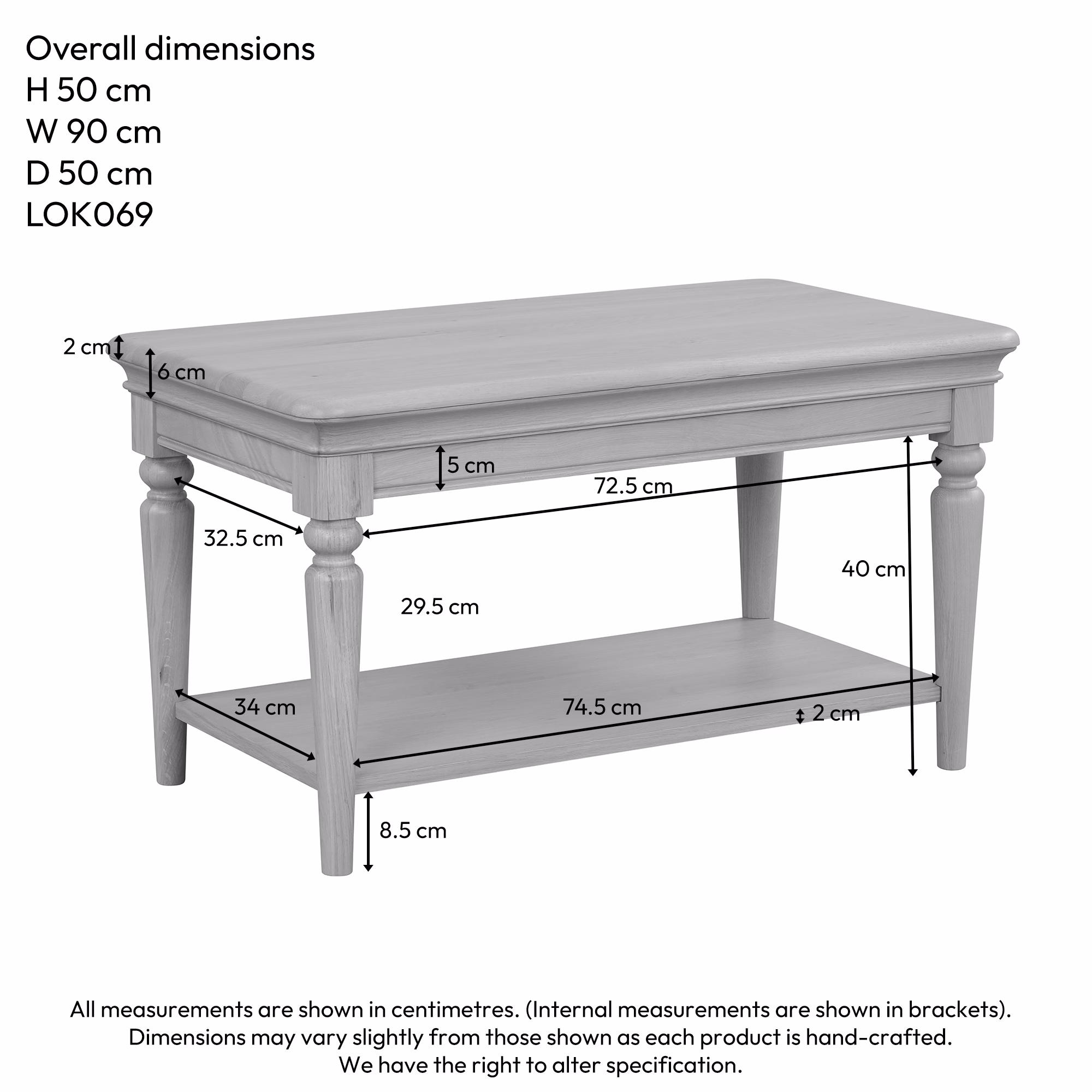 Cornwall Oak Coffee Table with Shelf dimensions