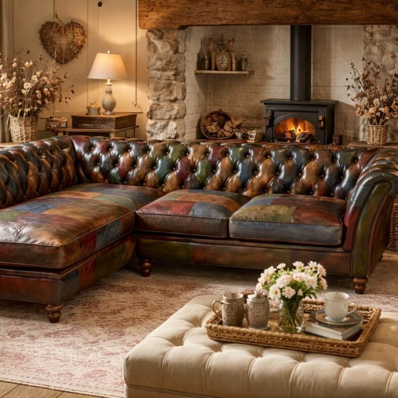 Granby Patchwork Leather 3 Seater Chaise Sofa