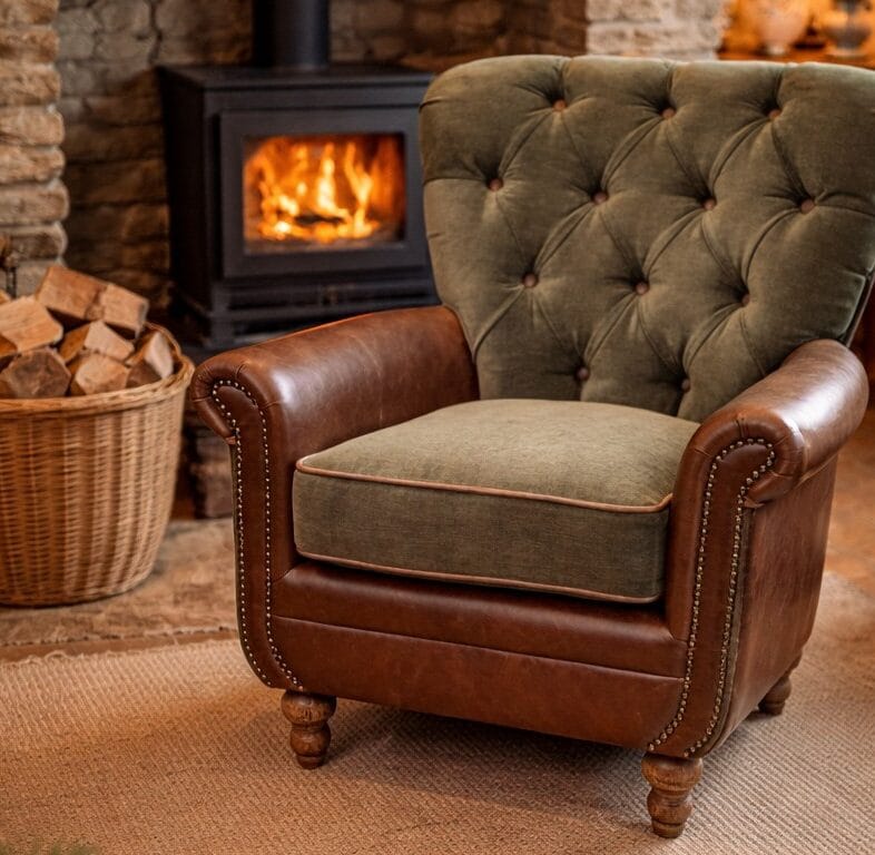 Wilford Leather and Velvet Buttoned Back Armchair